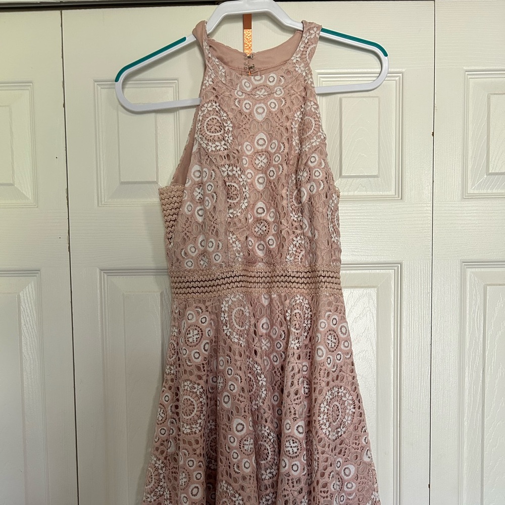 Pink lace halter high neck dress